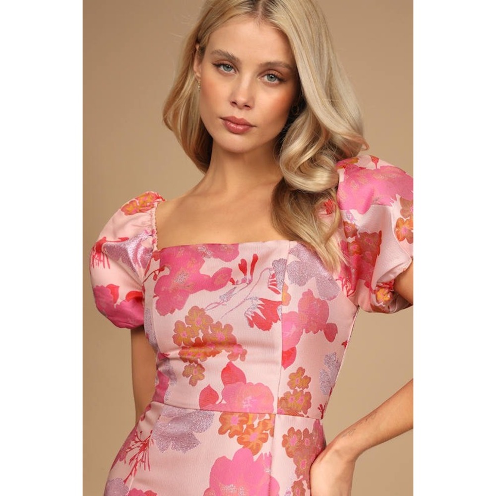 NWT Lulus So Stunning Light Pink Floral Jacquard Puff Sleeve Mini Dress Small - Picture 3 of 10